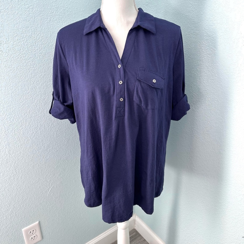 Emily Daniels Dark Purple Top Size Large EUC | Roll Tab 3/4 Sleeves Blouse